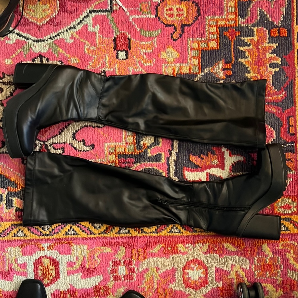 Platform leather over the knee wide-calf boots
